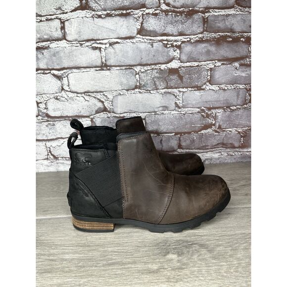 Sorel Emelie Brown Leather Ankle Boots Chelsea Wedge Booties Women 7.5M US/38.5 - Picture 3 of 16